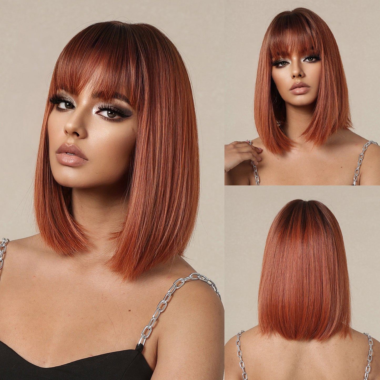 Female Clavicle Gradient Golden Artificial Scalp Natural Medium Wig Short Straight Hair