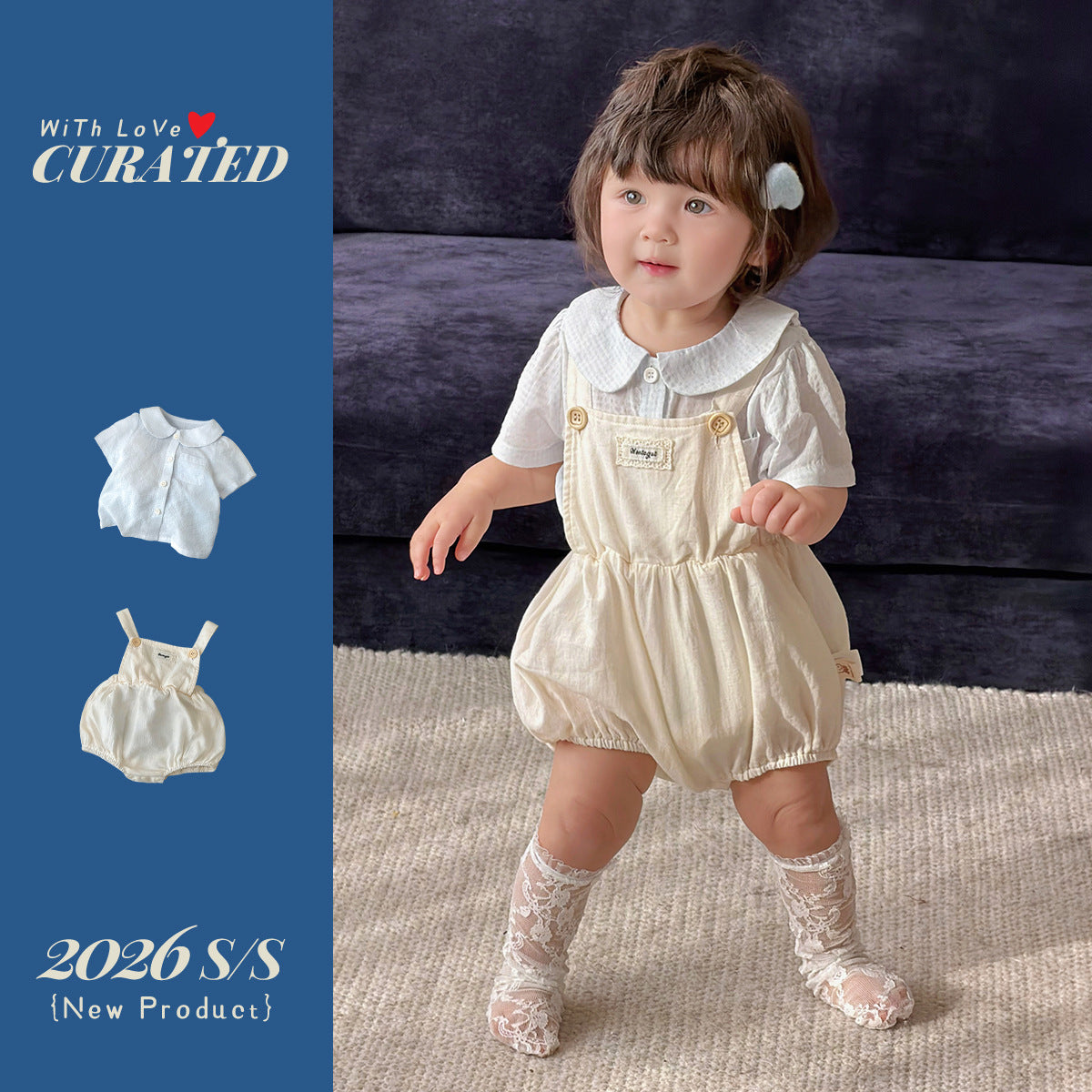 Children's Geometric Clothes Suspender Pants Fresh Peter Pan Collar Short-sleeved Shirt Children's Suit