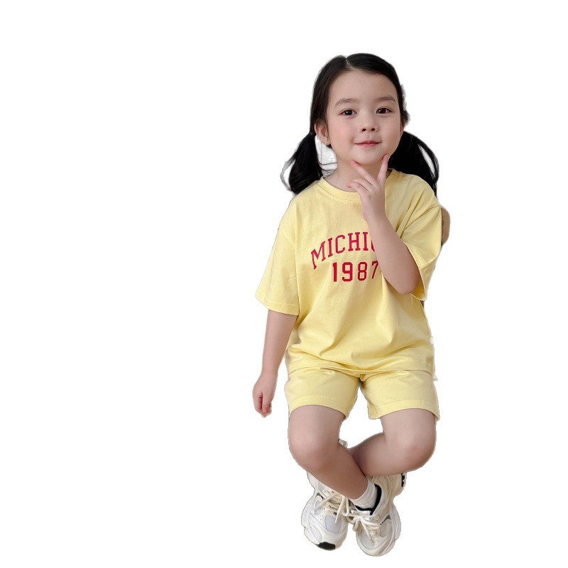 Korean Cute Printed Knitted Short-sleeved Shorts Suit Cotton Casual Children's T-shirt