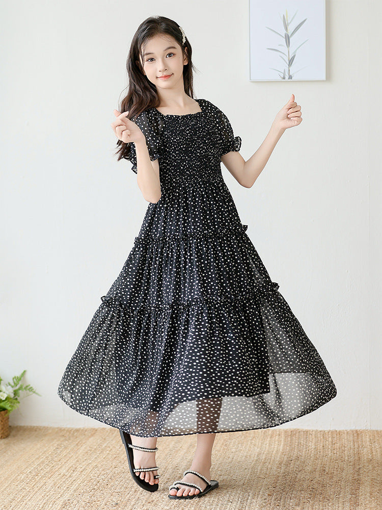 Children's Puff Sleeve Smocking Floral Little Polka Children's Dress