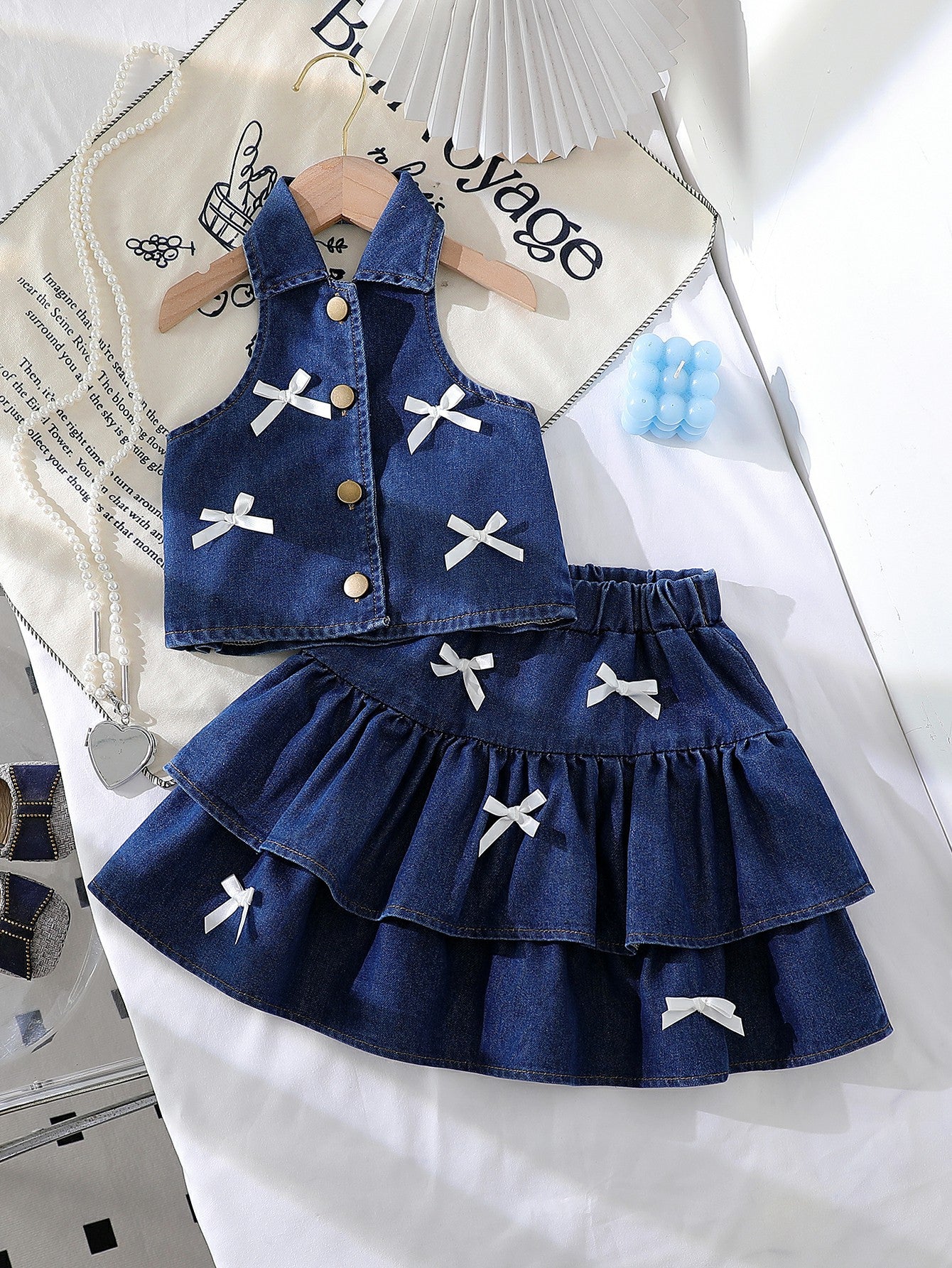 Fashionable Halter Lapel Denim Vest Skirt Children's Suit