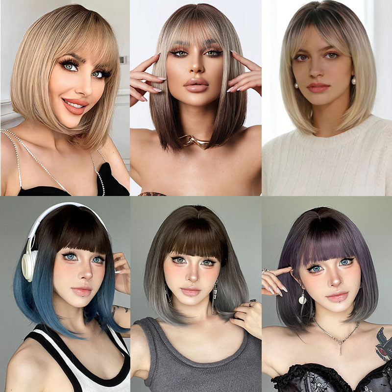 Women's With Bangs Natural Gradient Color Optional Wig Short Straight Hair