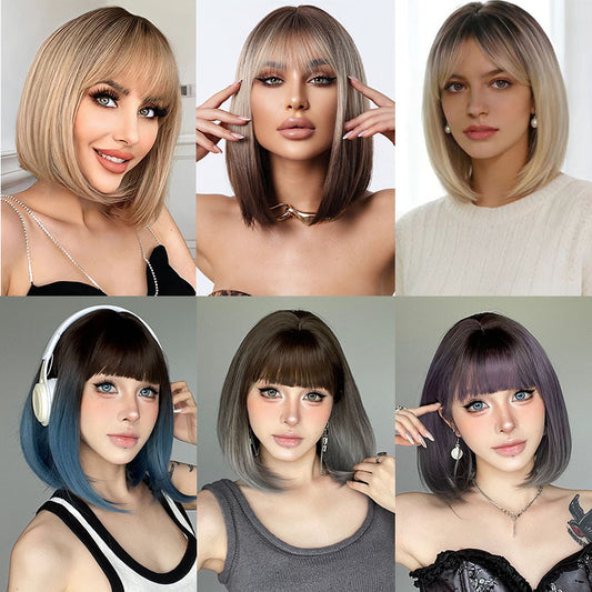 Women's With Bangs Natural Gradient Color Optional Wig Short Straight Hair