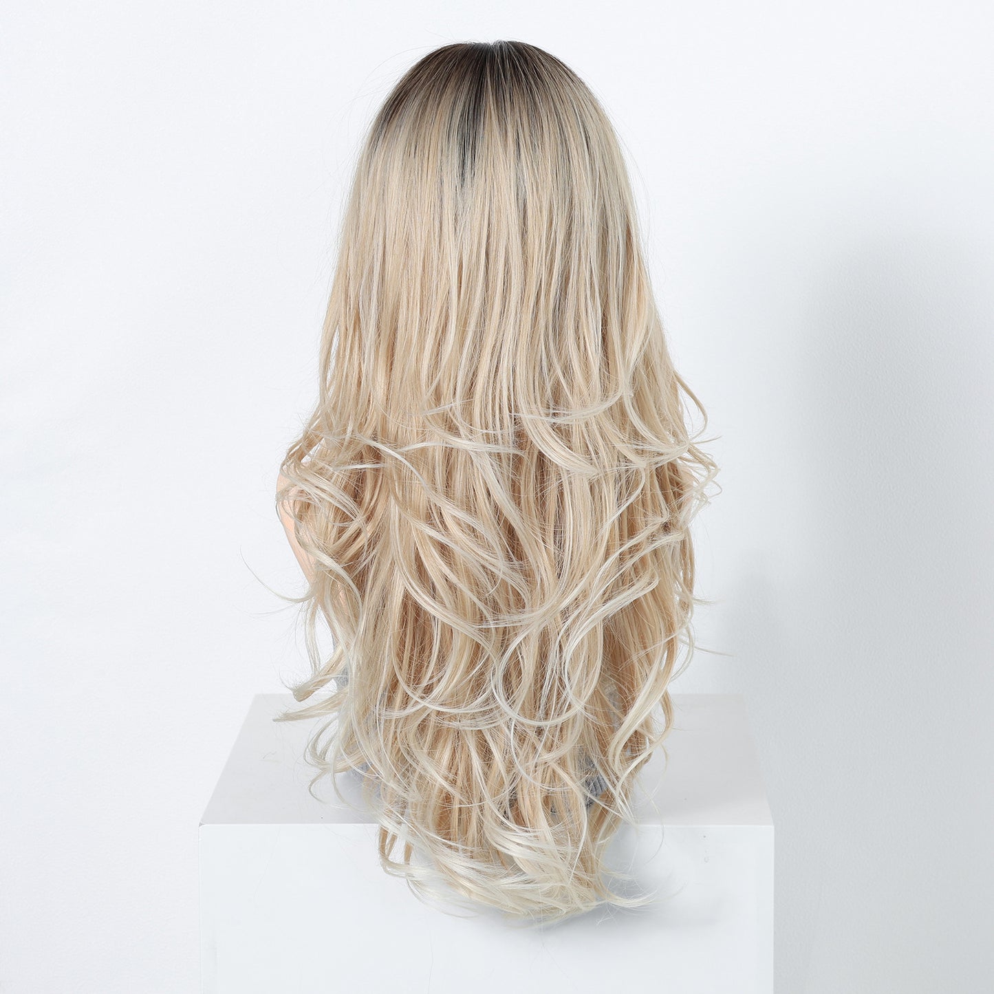 Gradient Platinum Curly Bangs Fluffy Natural Fiber Wig Long Curls