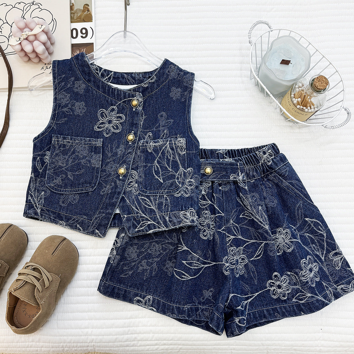Printed Jeans Summer Stylish Korean Sleeveless Vest Shorts Two-piece Children's Suit