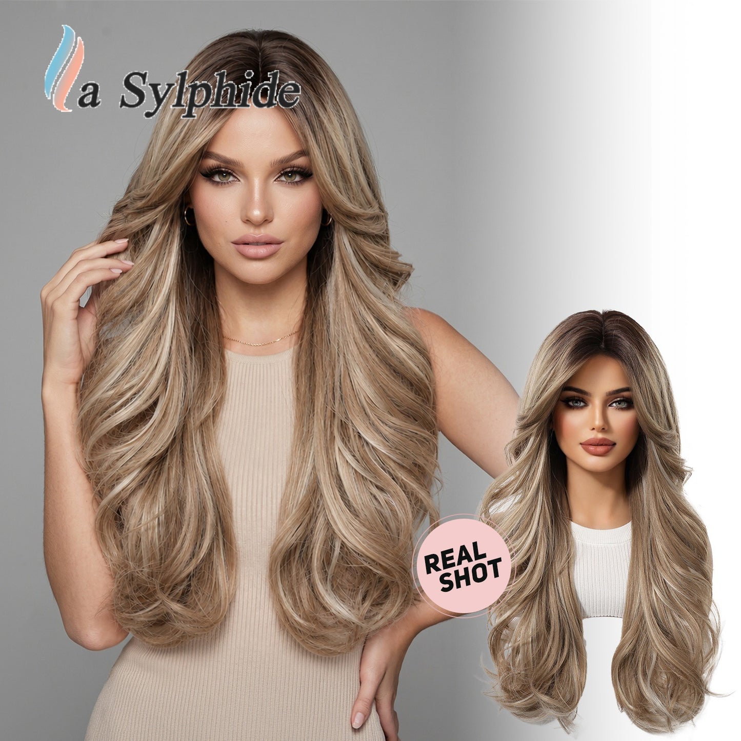 Women's Mid-length Bangs Gray White Head Cover Chemical Fiber Curly Hair Wig Long Curls