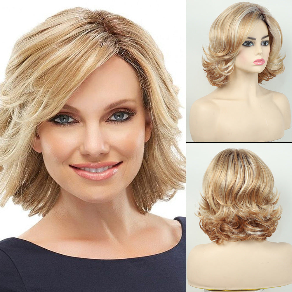 Female Black Gradient Golden Synthetic Wigs Fiber Wig Short Curly Hair