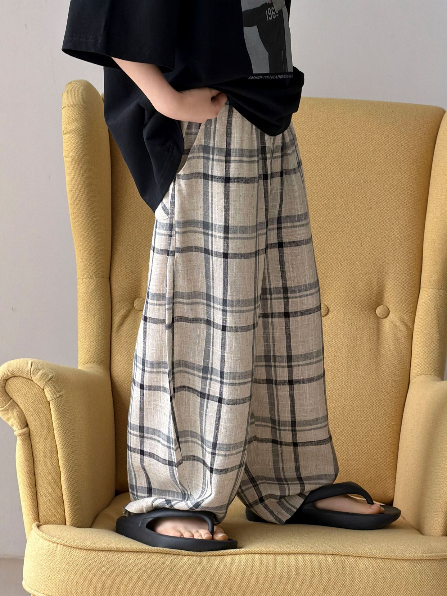 Children's Summer Cotton Linen Plaid Trousers Lightweight Loose Children's Pants