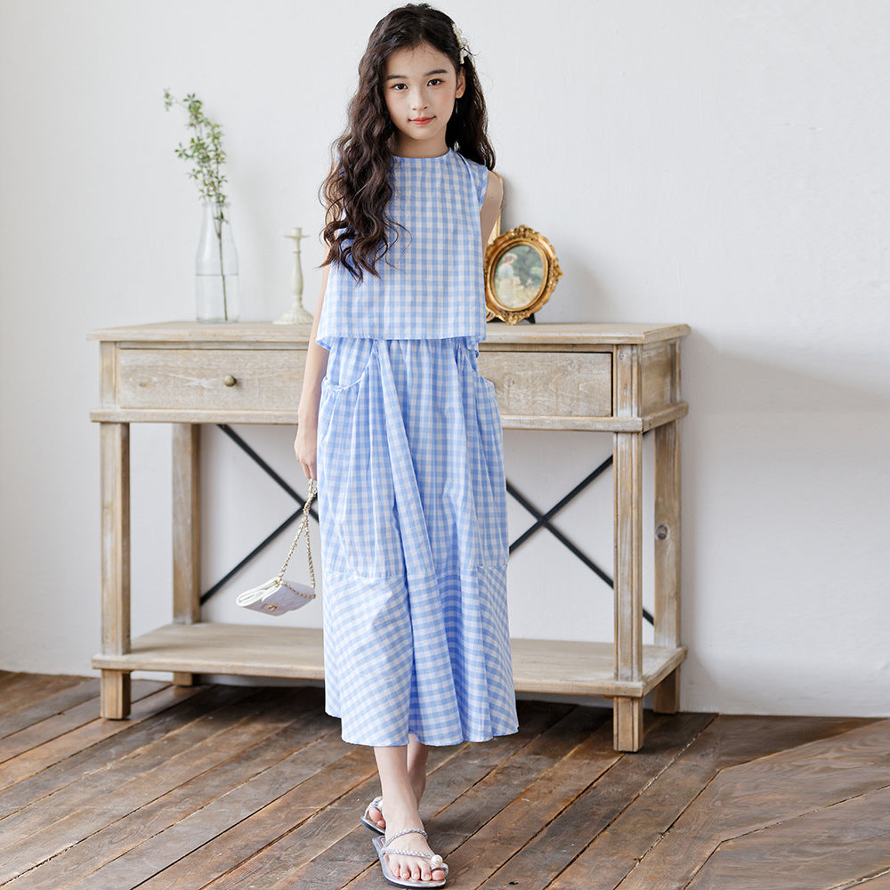 Summer Set Medium Large Sweet Blue White Plaid Suit Skirt Children's Dress