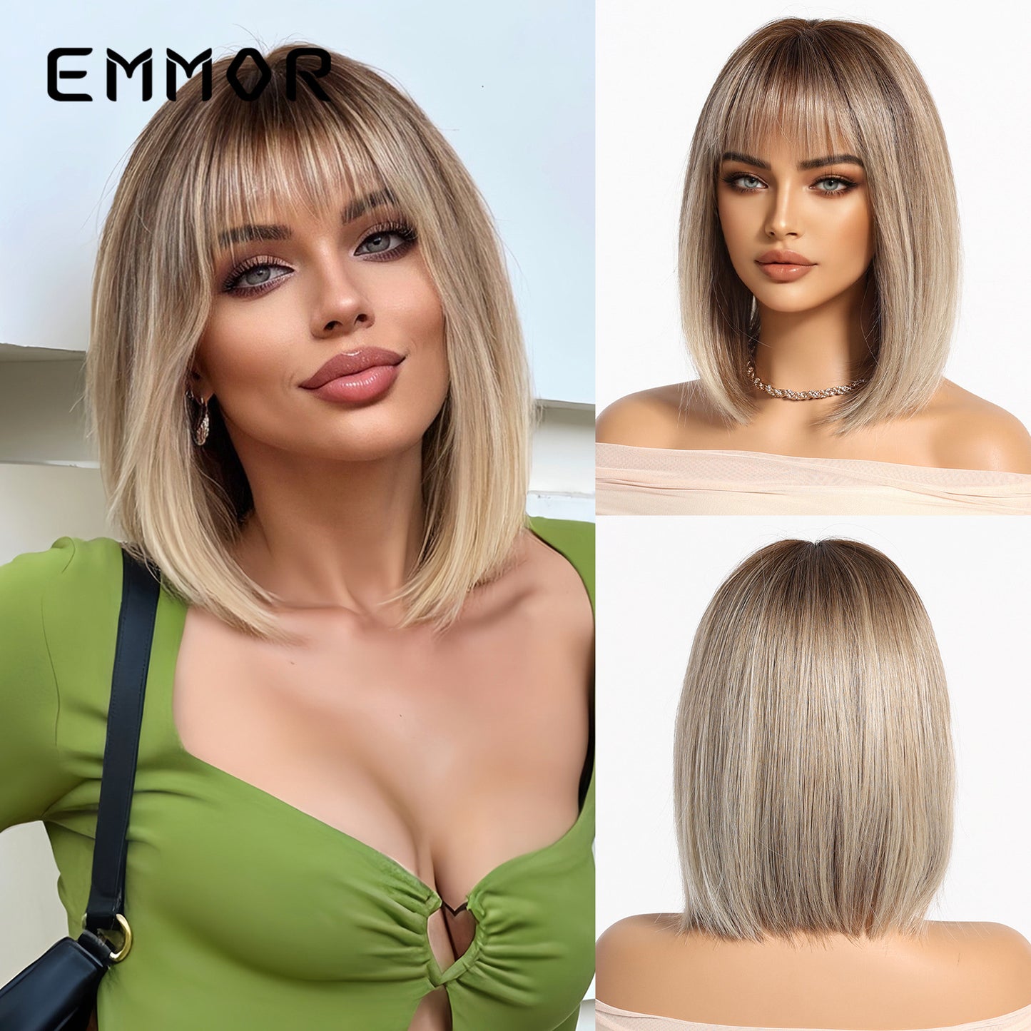 Summer Natural Breathable Bangs Golden Full Wig Short Straight Hair