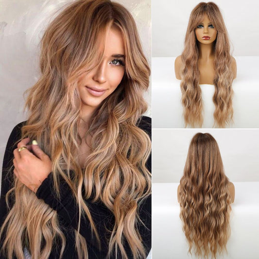 Female Bangs Super Curly Brown Fiber Mechanism Head Cover Wig Long Curls