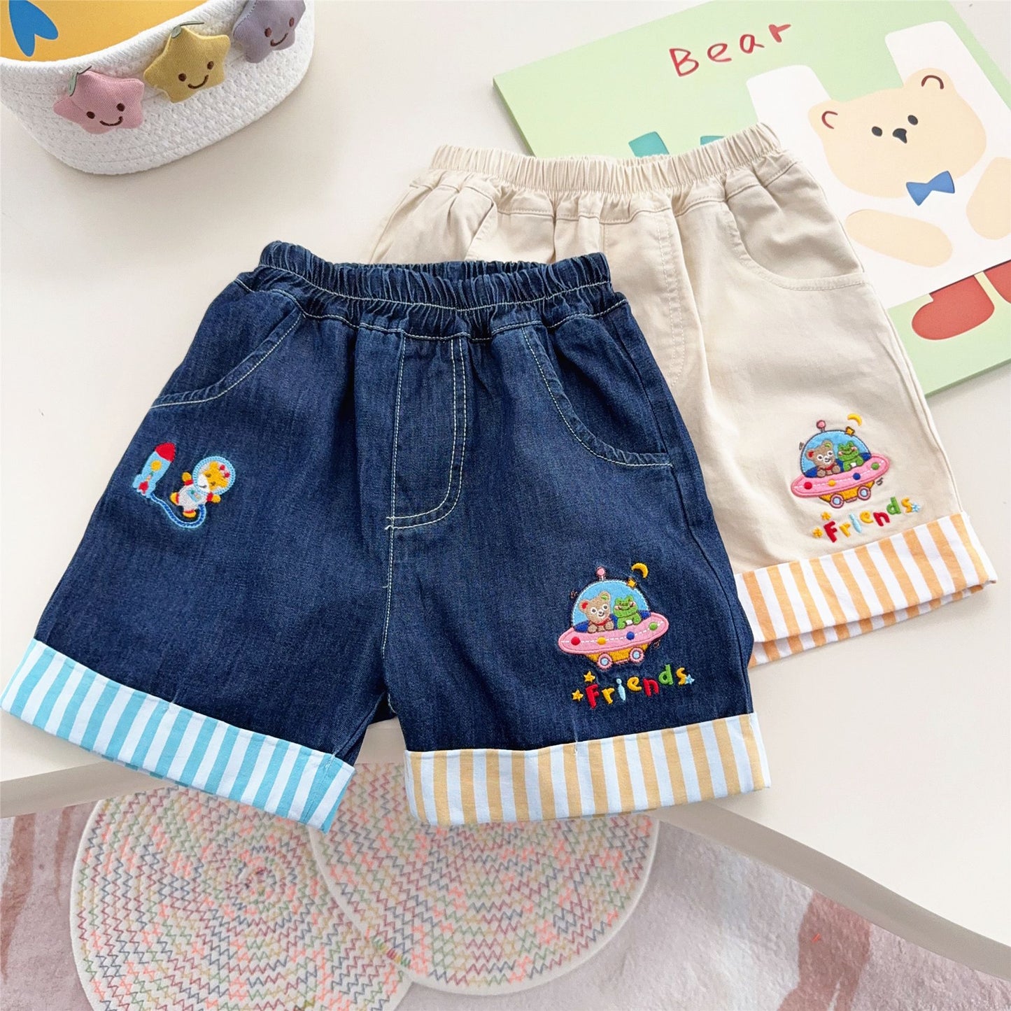 Color Matching Curling Summer Cartoon Patch Vertical Stripe Shorts Children's Pants