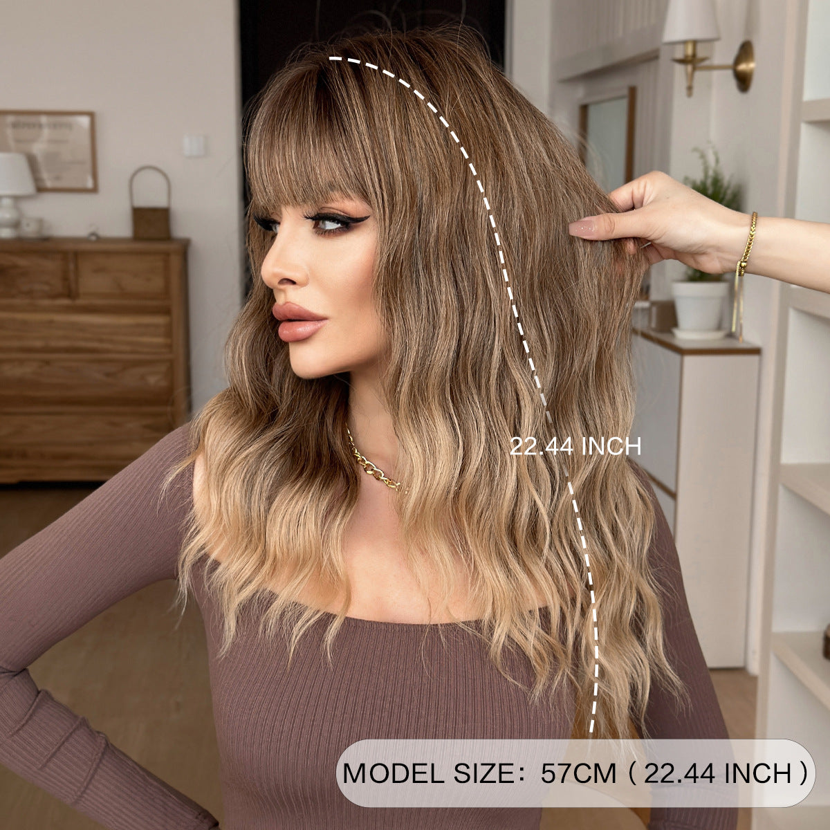 Gradient Brown Mid-length Wavy Curly Hair With Bangs On The Other Wig