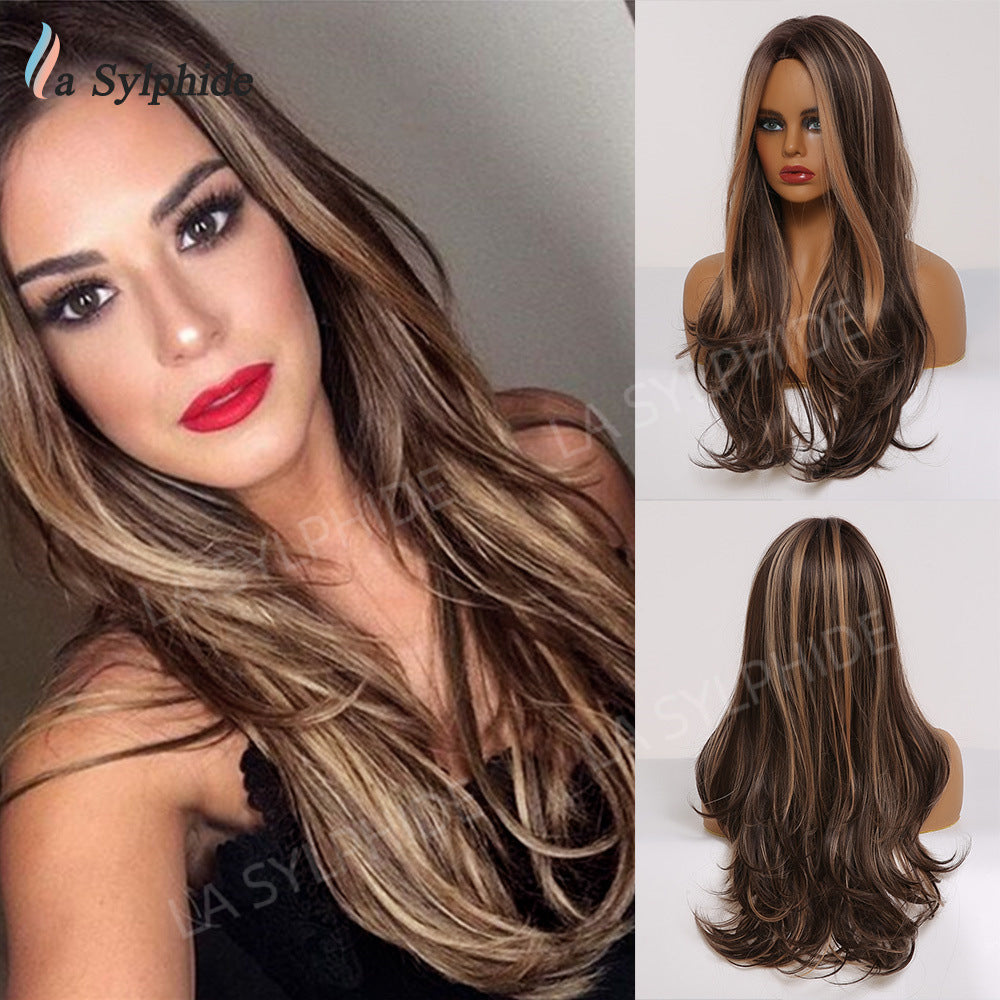 Brown Gradient Hair Fiber Mechanism Medium Curly Tie Up Bun Wig Long Curls