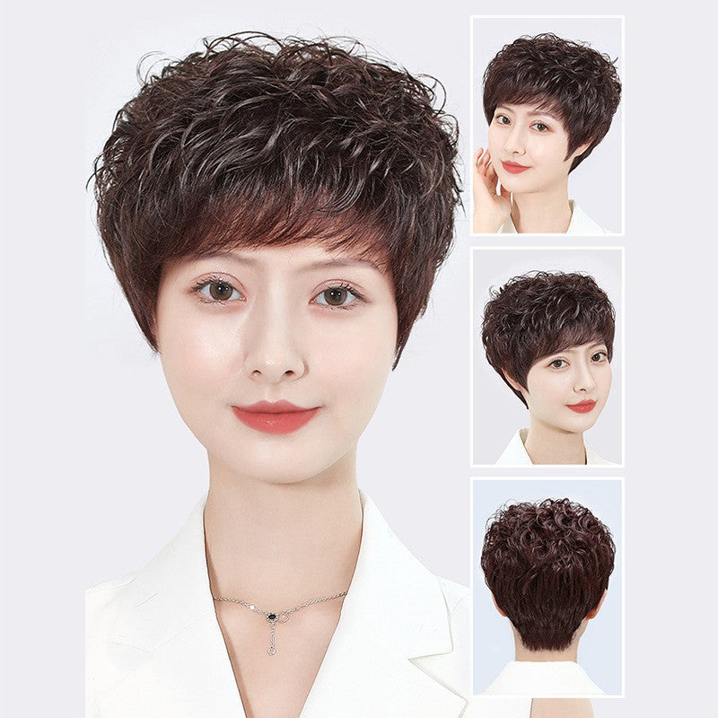 Mother's Head Cover Full Styling Roll Hand-woven Fluffy Gray Real Hair Wig