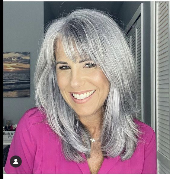 Bangs Gray Curly Hair Mid-length Synthetic Wig Long Curls