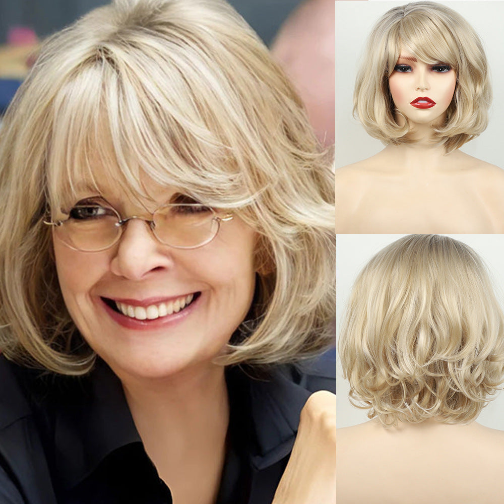 Female Golden Gradient Rose Net Chemical Wig Short Curly Hair