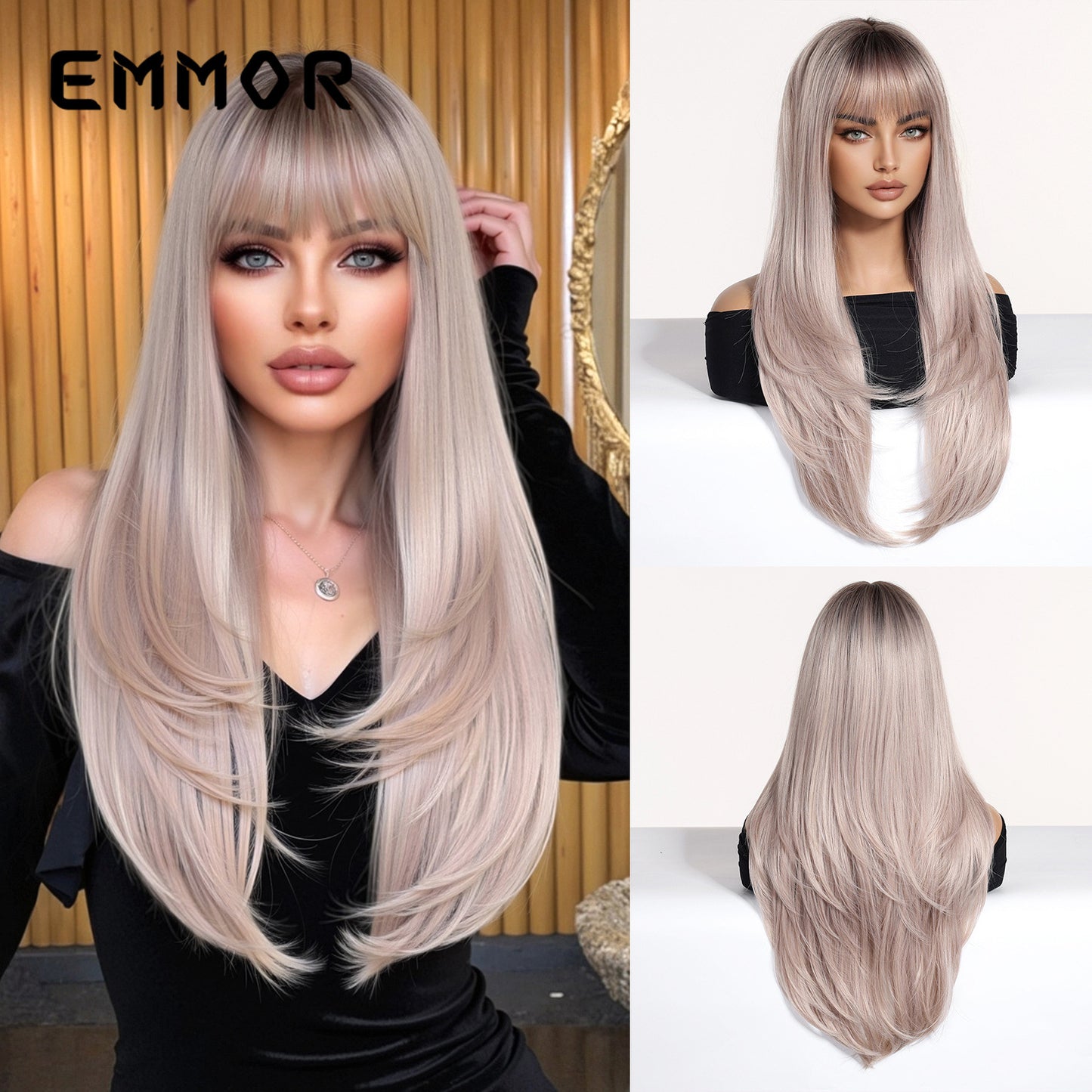 Bangs High Level Gradient Gold Hair Long Straight Wig