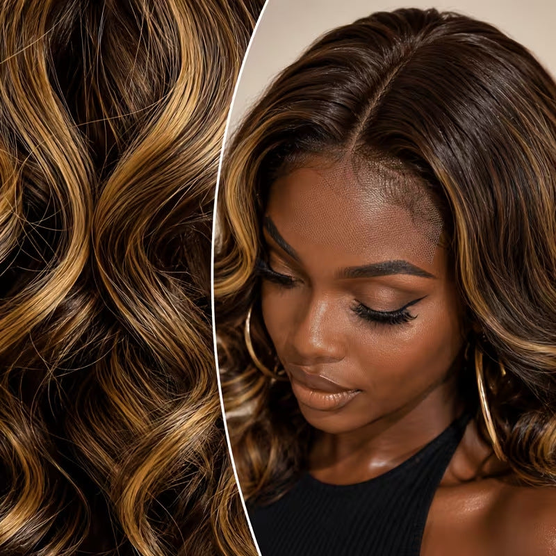 Women's Gold Highlight Dyed Mid-length Large Wave Lace Warm Natural Wig Short Curly Hair