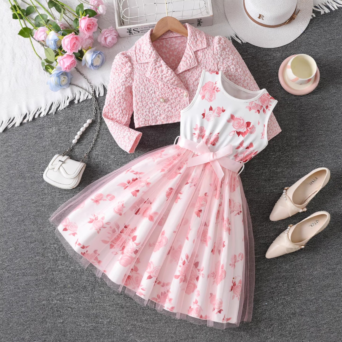 Floral Coat Rose Printed Mesh Princess Children's Suit