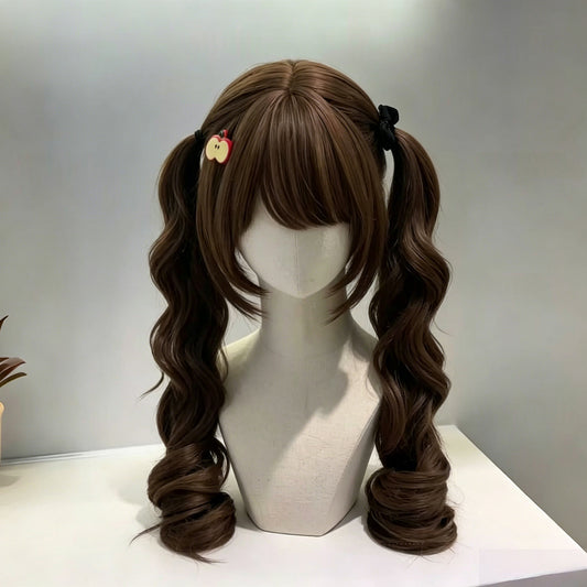 Tea Linen Little Rose Double Ponytail Curly Sweet Daily Style Wig Long Curls