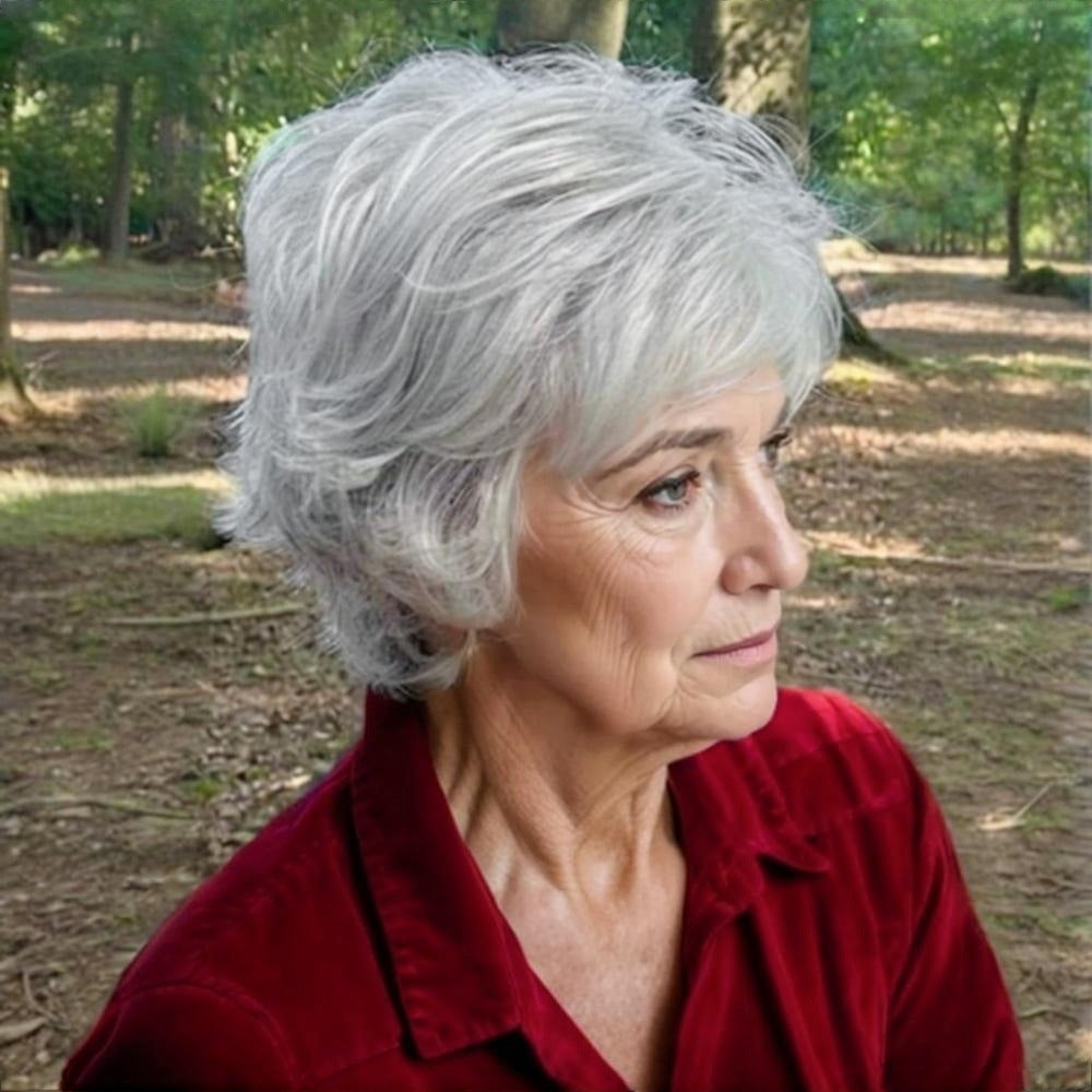 Women's Old Lady Grandma Head Cover Gray White Wig Short Straight Hair