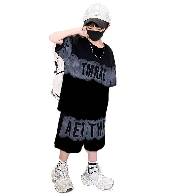Children's Letter Printing Loose Leisure Teen Boys Short-sleeved Shorts Two-piece Children's Suit
