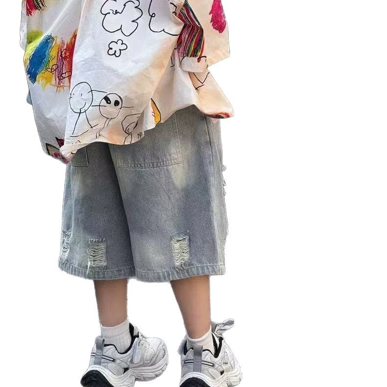 Children's Style Fashion Simple Loose Hole Jeans Children's Pants