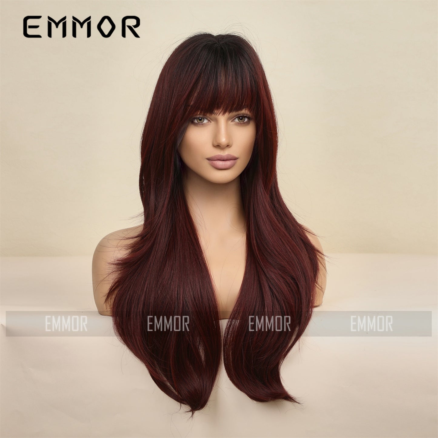 Straight Bangs Hair Gradient Burgundy Head Wig Long Curls