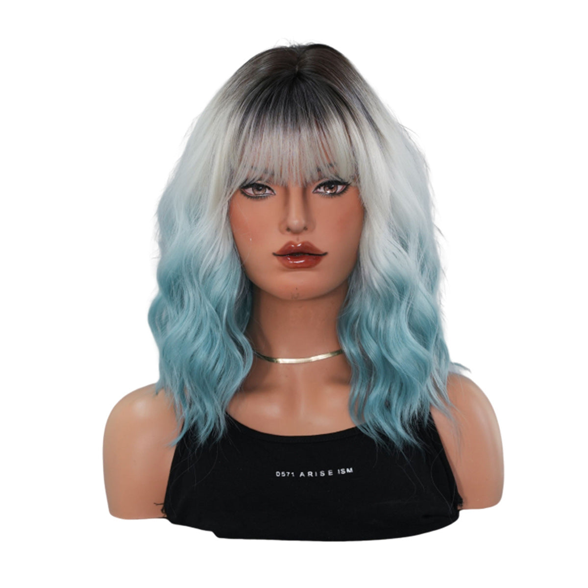 Gradient Blue Female Straight Bangs Water Ripple Head Chemical Wig Short Curly Hair