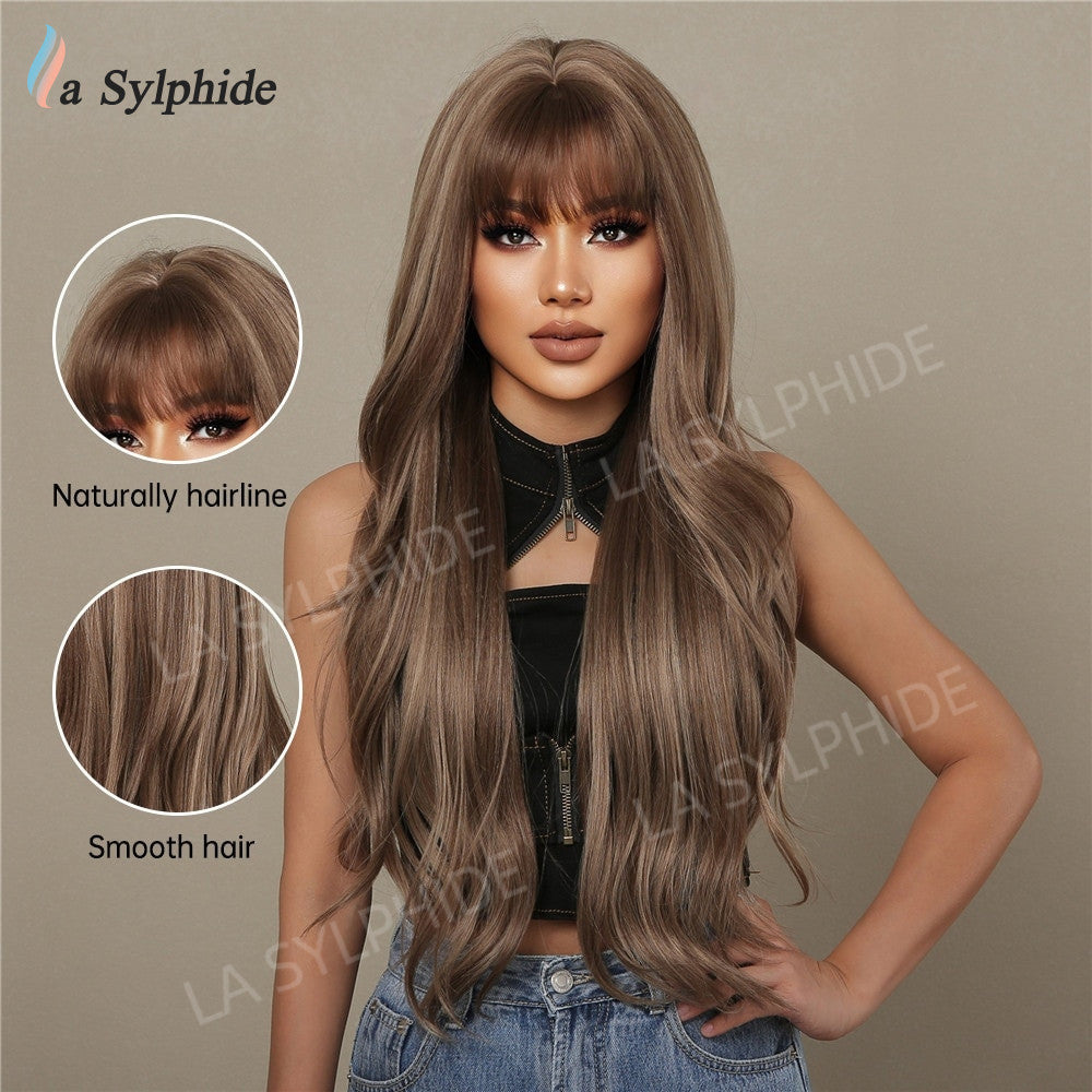 Curly Female Bangs Brown Golden Purple Wig Long Curls