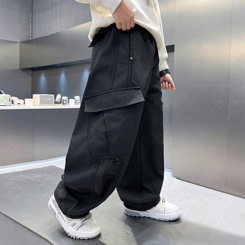 Children's Large Trousers Boyish Look Overalls Loose Straight Fashionable Pure Children's Pants