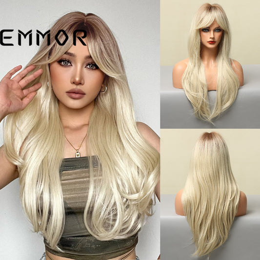 White Gold Color Bangs Hair Curling Long Straight Wig