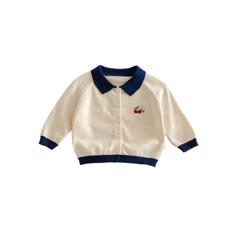 Preppy Style Spring Cherry Sweater Cardigan Skirt Two-piece Children's Suit