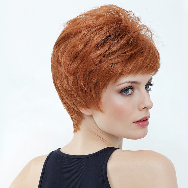 Men's Fashion Dark Orange Mixed Color Fluffy Head Cover Chemical Wig Short Straight Hair