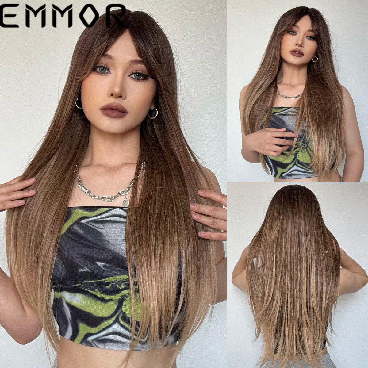 White Gold Color Bangs Hair Curling Long Straight Wig