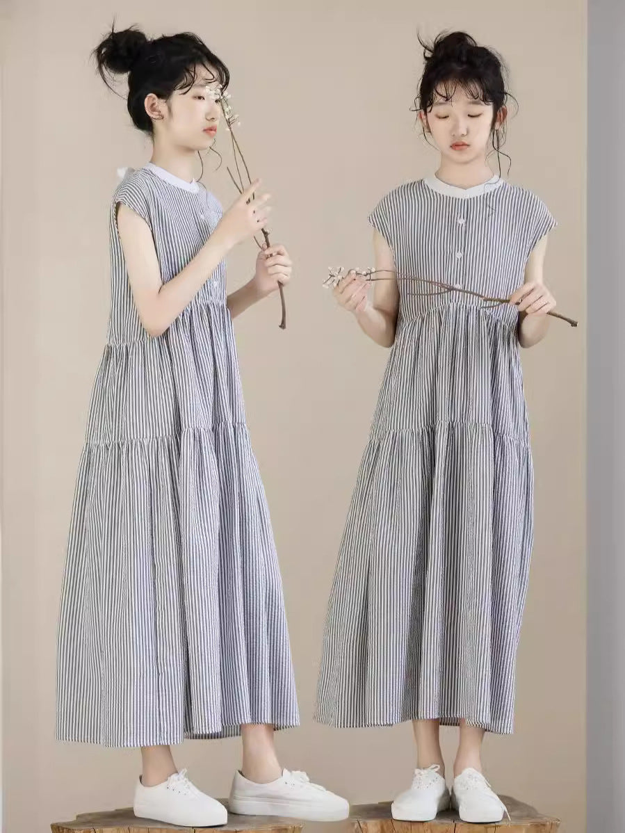 Summer Striped Stand Collar Long Sleeveless Children's Dress