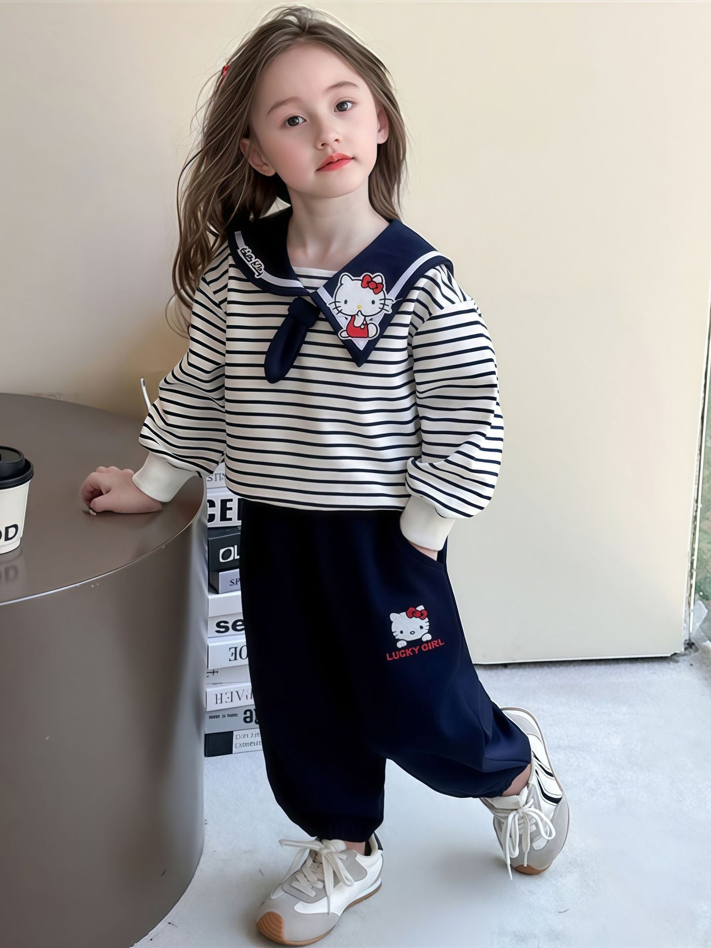 Children's Sweater Cute Sailor Collar Leisure Sports Cartoon Striped Children's Suit