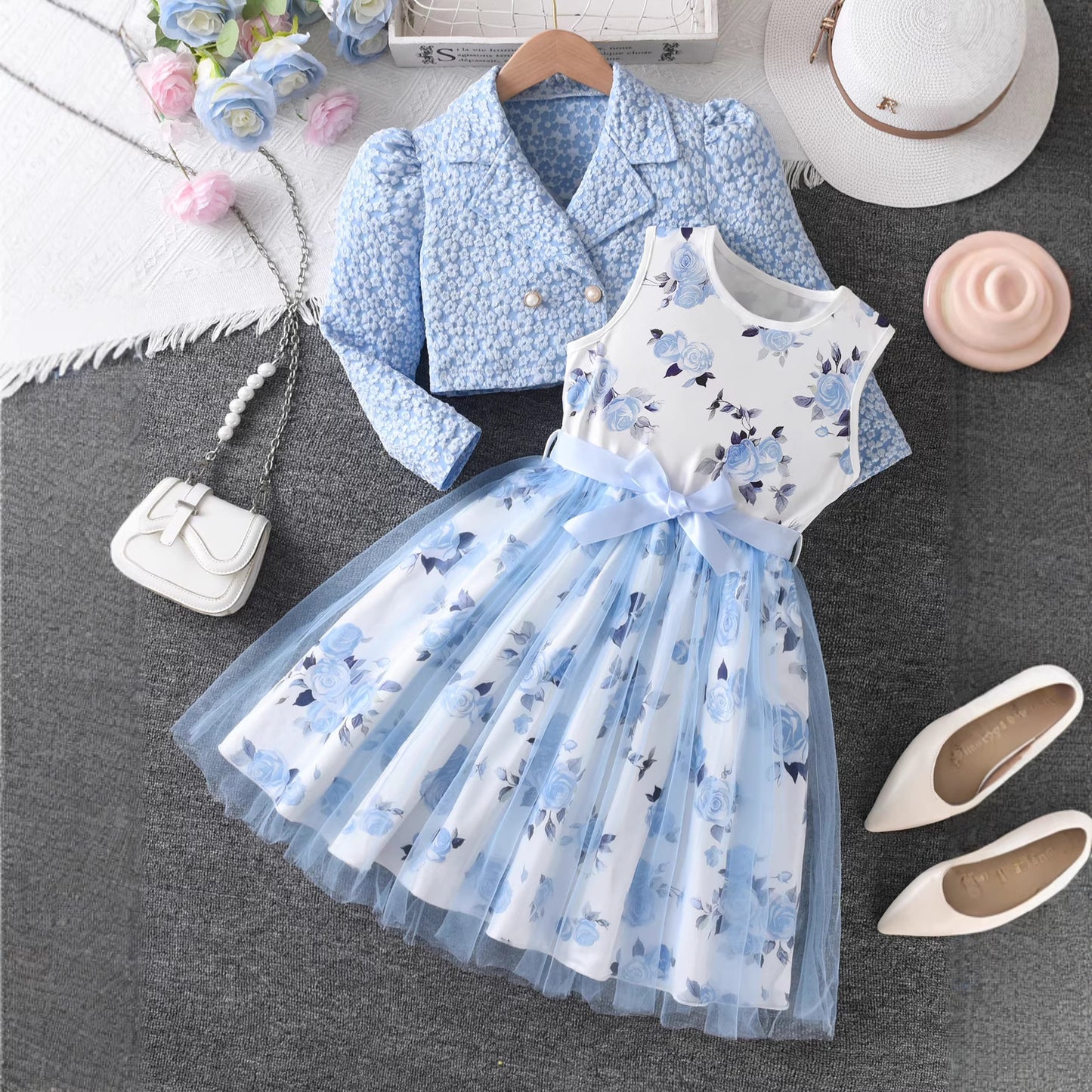 Floral Coat Rose Printed Mesh Princess Children's Suit