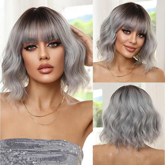 Female Black Gradient Granny Grey Fashion Chemical Fiber Wig Short Curly Hair