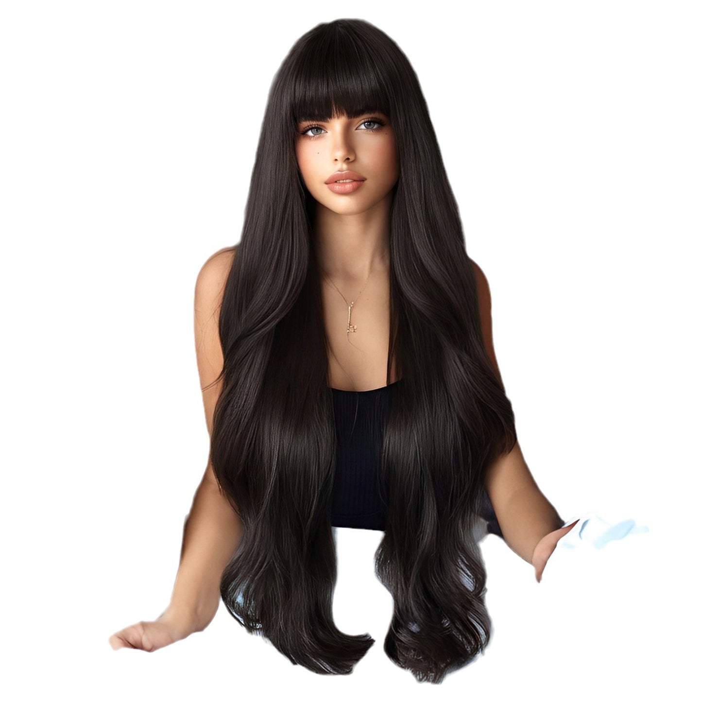 Female Big Wave Roman Curly Bangs Hair White Gold Color Wig Long Curls