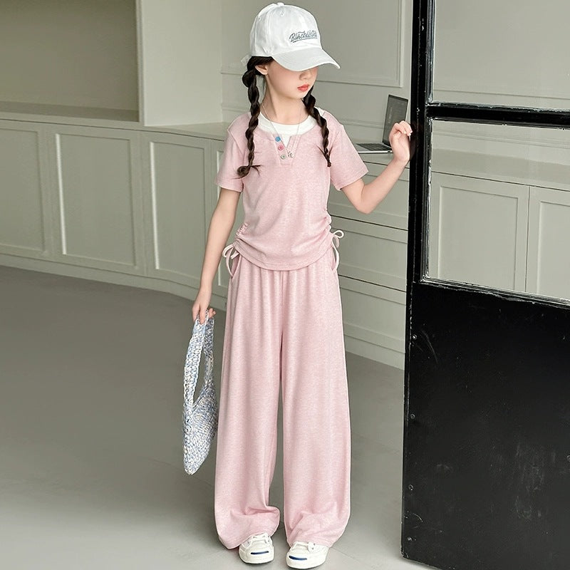 Style Fashion Middle Big Fake Two Pieces Short Sleeve T-shirt Children's Suit