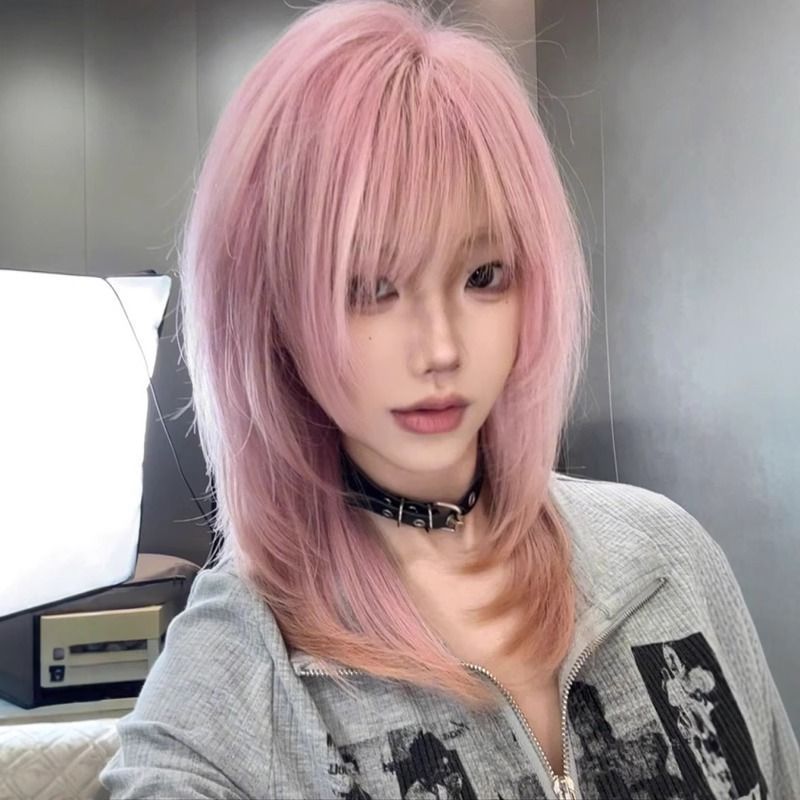 Daily Female Pink Collarbone Asian Culture Bangs Wig Short Straight Hair