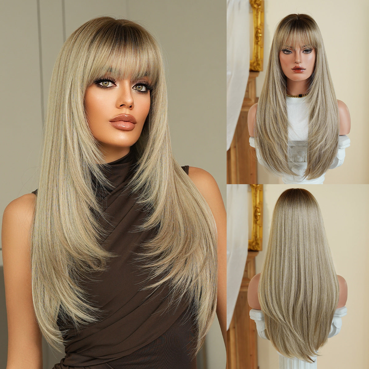 Bangs Daily Use Fluffy Synthetic Heat Resistant Long Straight Wig