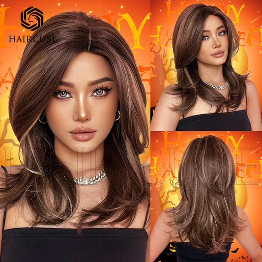 Bangs Gradient Brown Shoulder Hair Female Natural Full Long Straight Wig