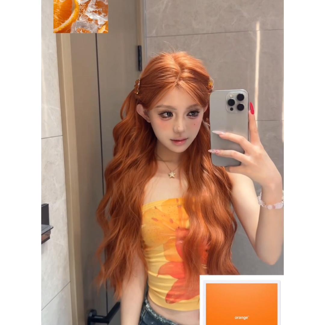 Women's Natural Orange Brown Curly Big Wave Wig Long Curls
