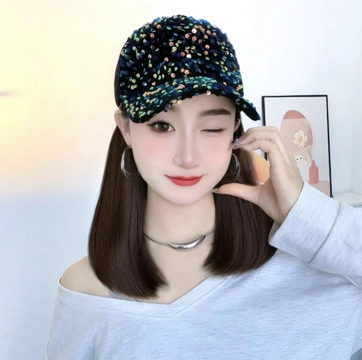 Integrated Summer Hollow Breathable Gradient Sequin Peaked Cap Wig Short Straight Hair