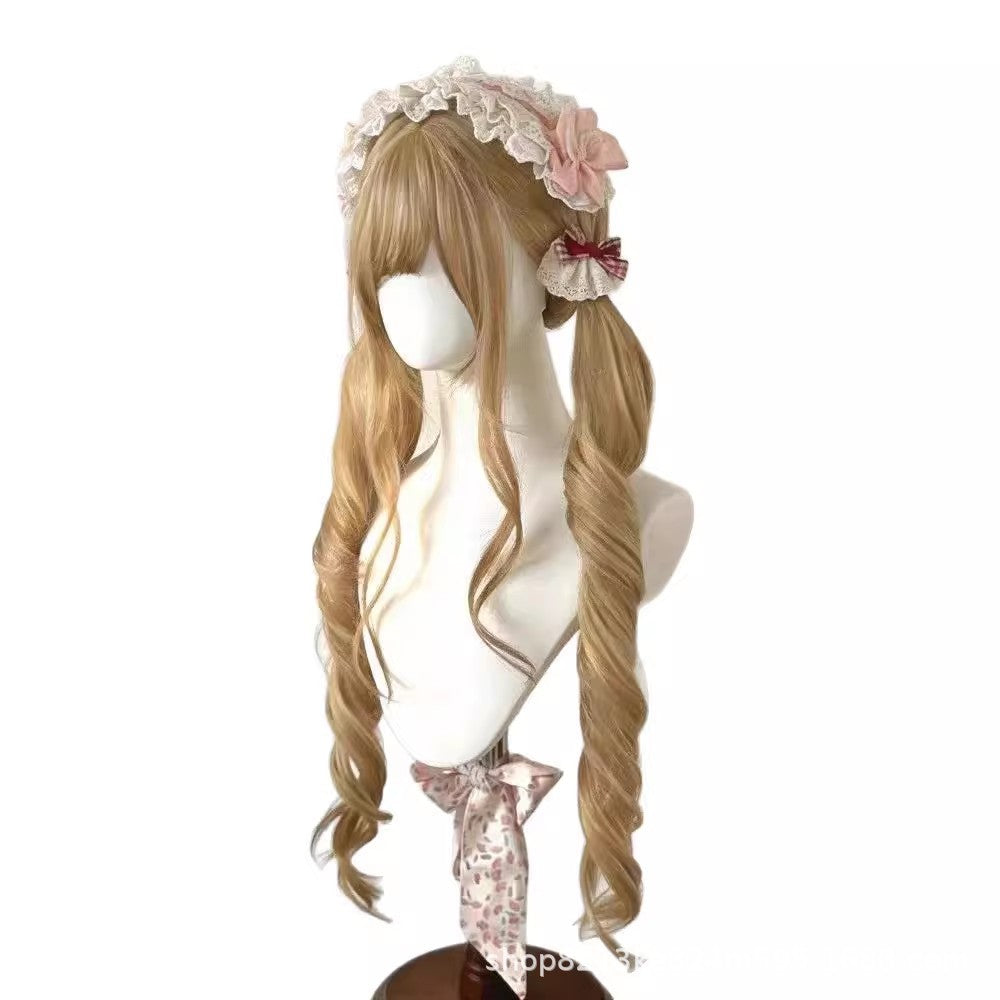 Female Straight Bangs Curly Hair White Gold Color Little Radish Wig Long Curls