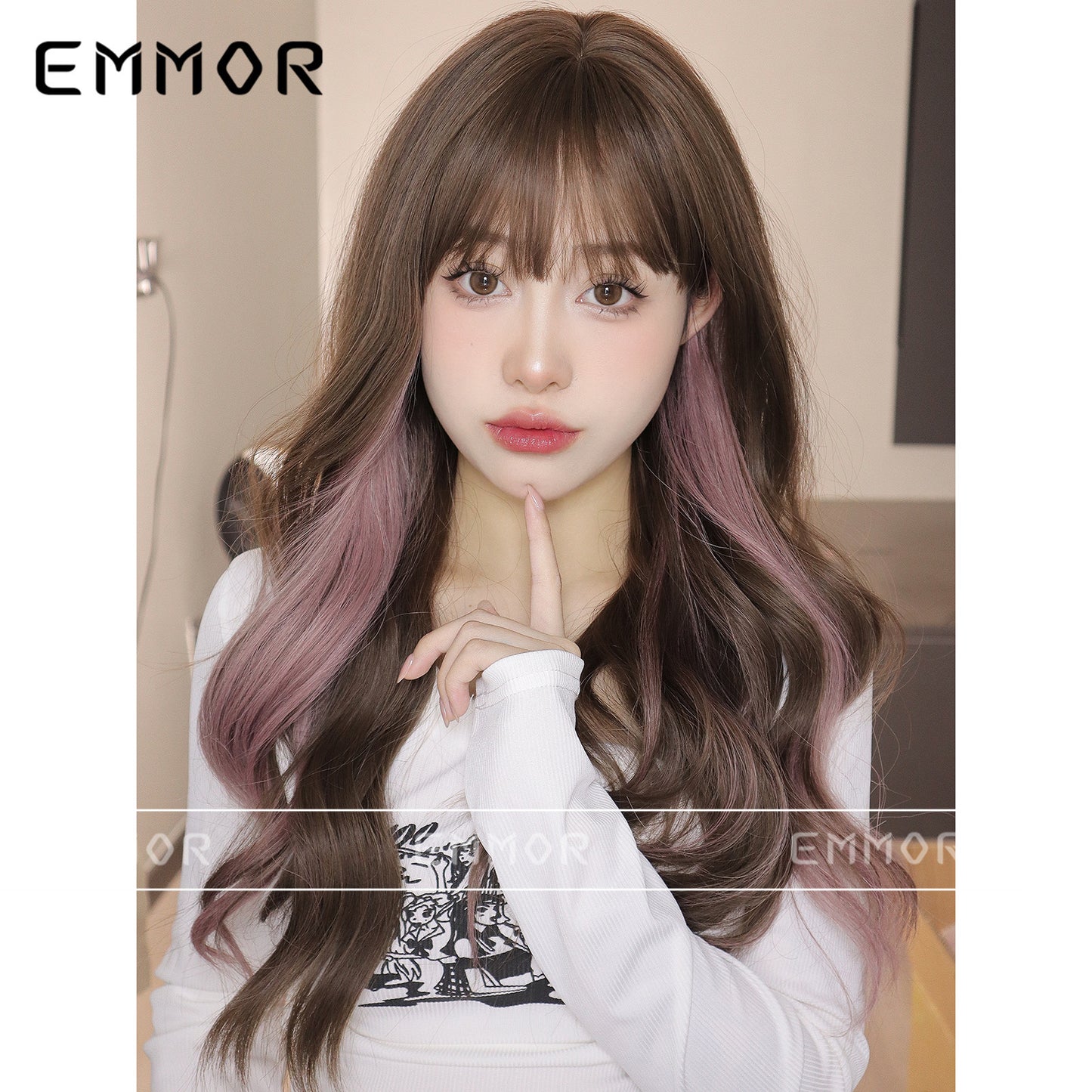 Women's Hair Brown Dyed Pink Fluffy Cover Wig Long Curls