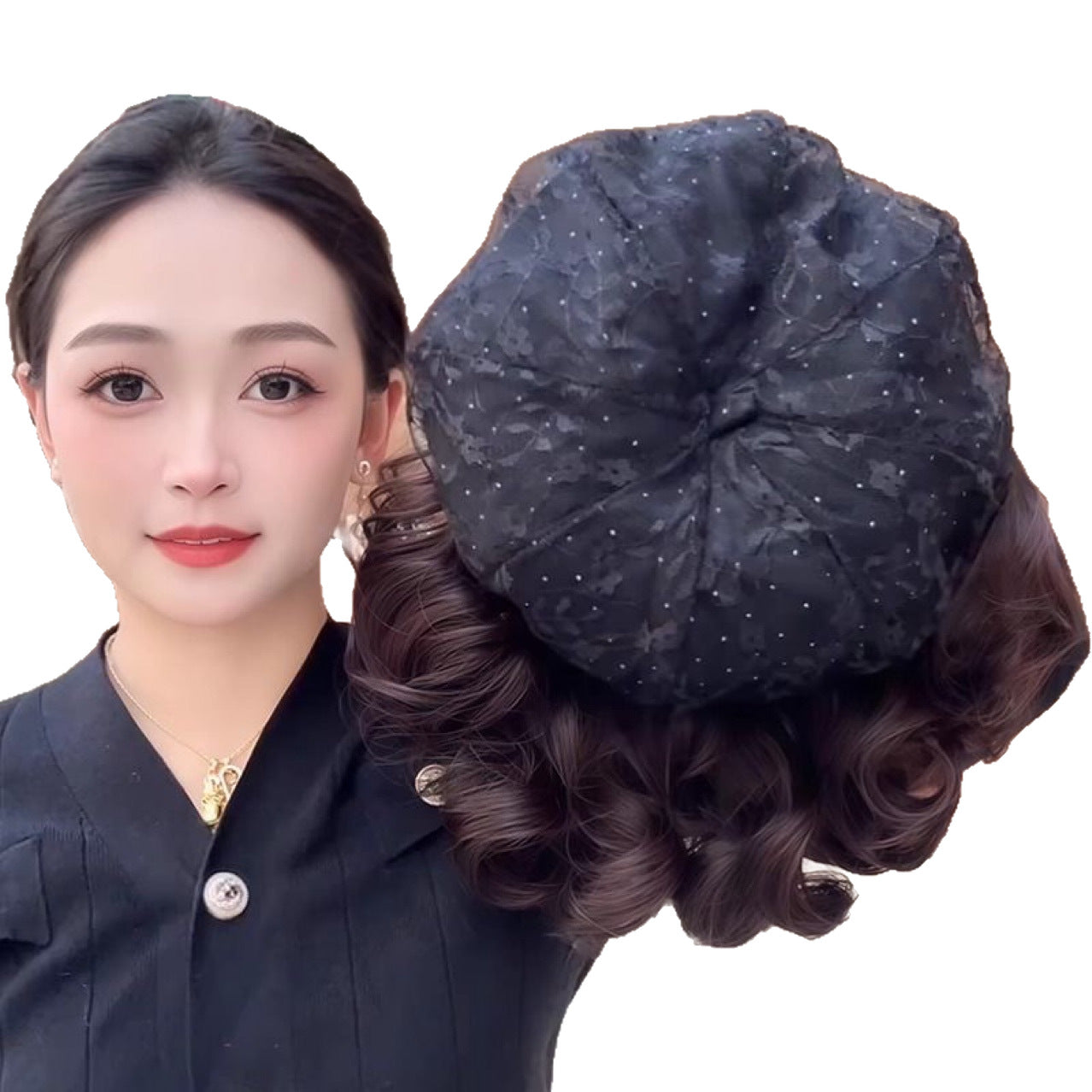 Hat One-piece Lace Beret Western Style Fashion Headgear Wig Short Curly Hair